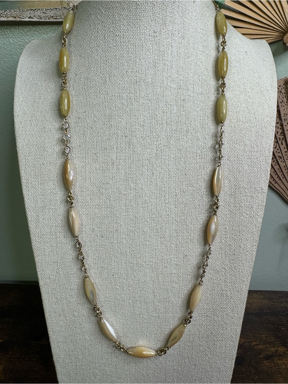 Monet Long Cream MOP Bead Necklace with Gold-Tone Chain and Bezel Crystals
